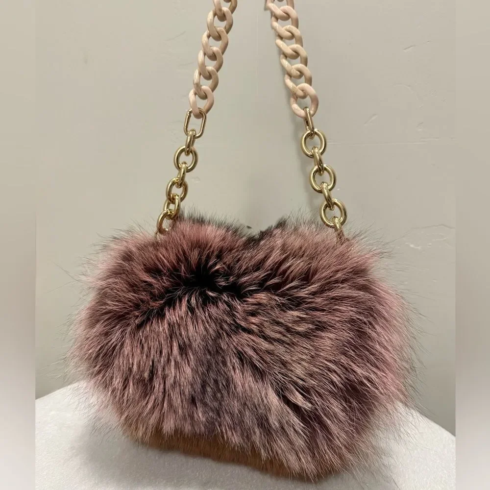 Handmade Real Mink Fur with Finn Raccoon Fur Foldover Flap Bag & 2 Strap Styles